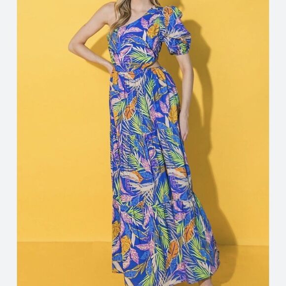 Flying Tomato Blue and Yellow Leaf Print One Shoulder Maxi Dress in Size Medium - Picture 1 of 9